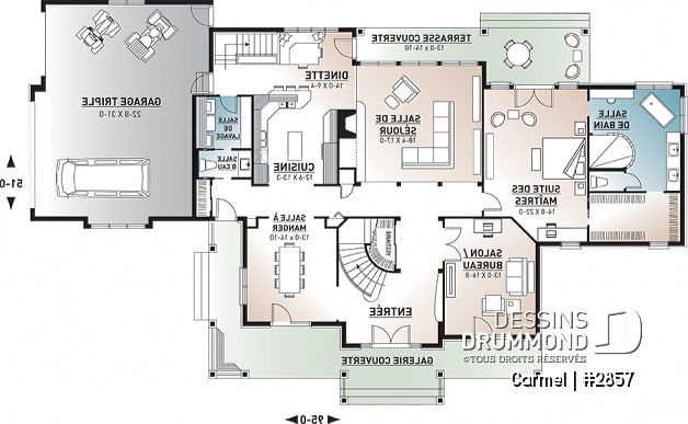Rez-de-chaussée - Plan de maison luxueuse avec 5 chambres, suite des maîtres au r-d-c, plafond cathédrale, garage triple - Carmel