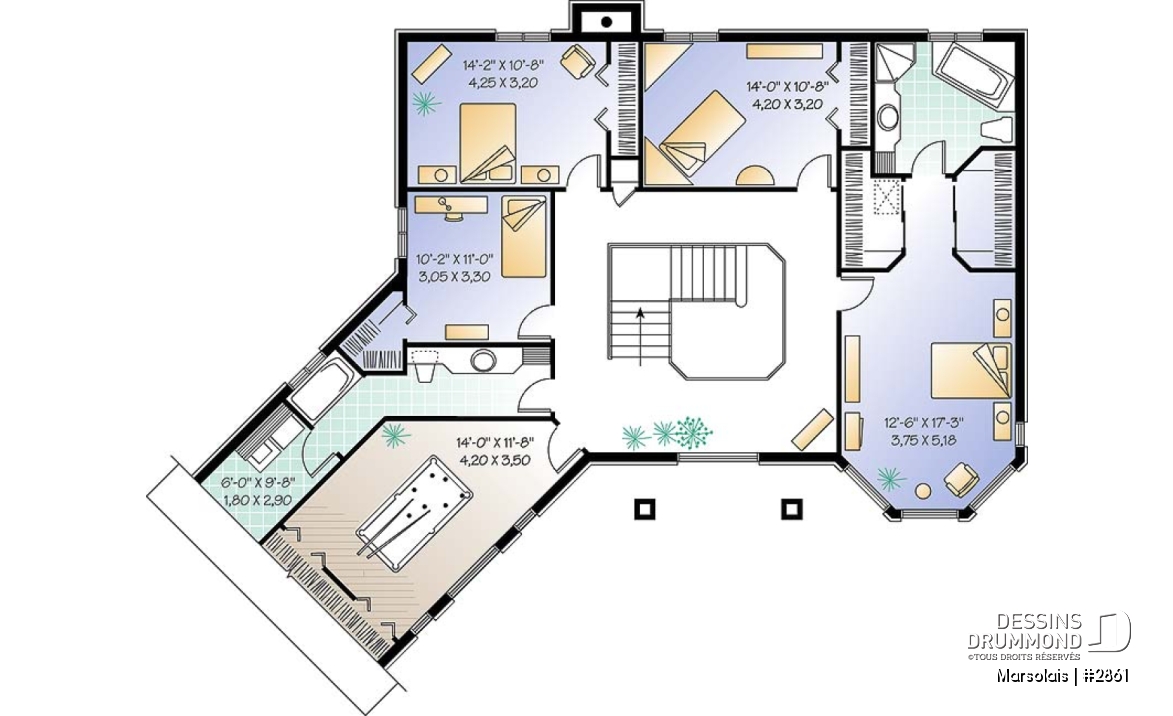Étage - Plan de maison 4 à 5 chambres, garage double, coin dînette, salle de jeux et buanderie à l'étage - Marsolais