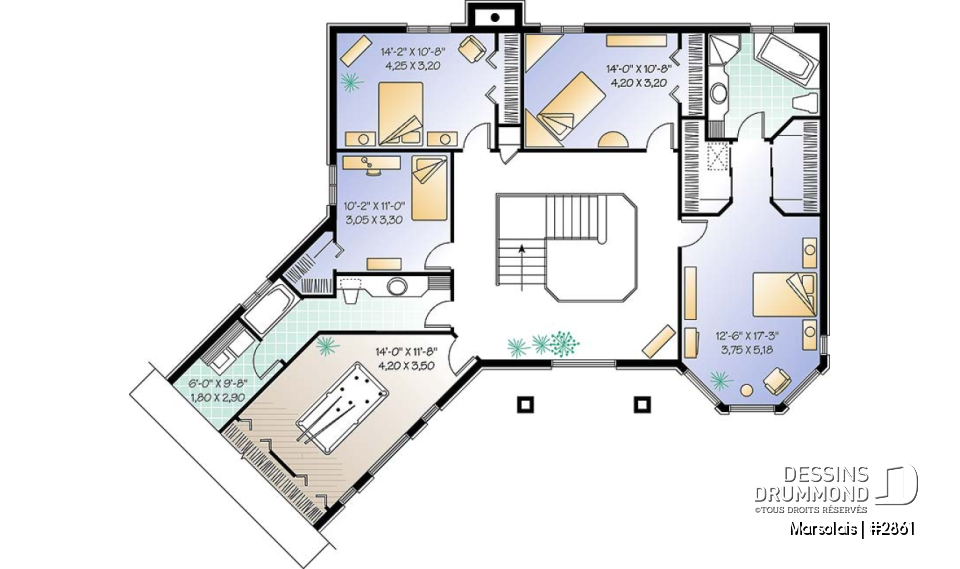 Étage - Plan de maison 4 à 5 chambres, garage double, coin dînette, salle de jeux et buanderie à l'étage - Marsolais