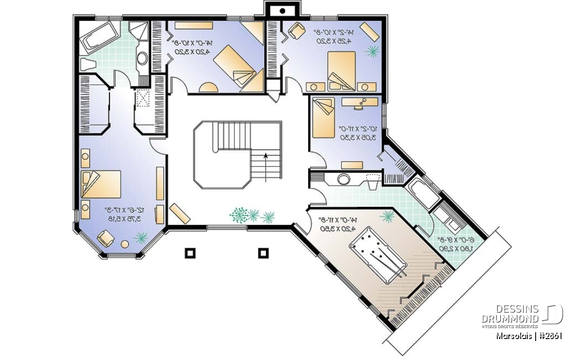 Étage - Plan de maison 4 à 5 chambres, garage double, coin dînette, salle de jeux et buanderie à l'étage - Marsolais