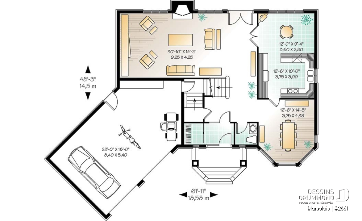 Rez-de-chaussée - Plan de maison 4 à 5 chambres, garage double, coin dînette, salle de jeux et buanderie à l'étage - Marsolais