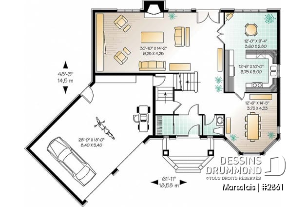 Rez-de-chaussée - Plan de maison 4 à 5 chambres, garage double, coin dînette, salle de jeux et buanderie à l'étage - Marsolais