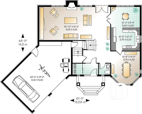 Rez-de-chaussée - Plan de maison 4 à 5 chambres, garage double, coin dînette, salle de jeux et buanderie à l'étage - Marsolais