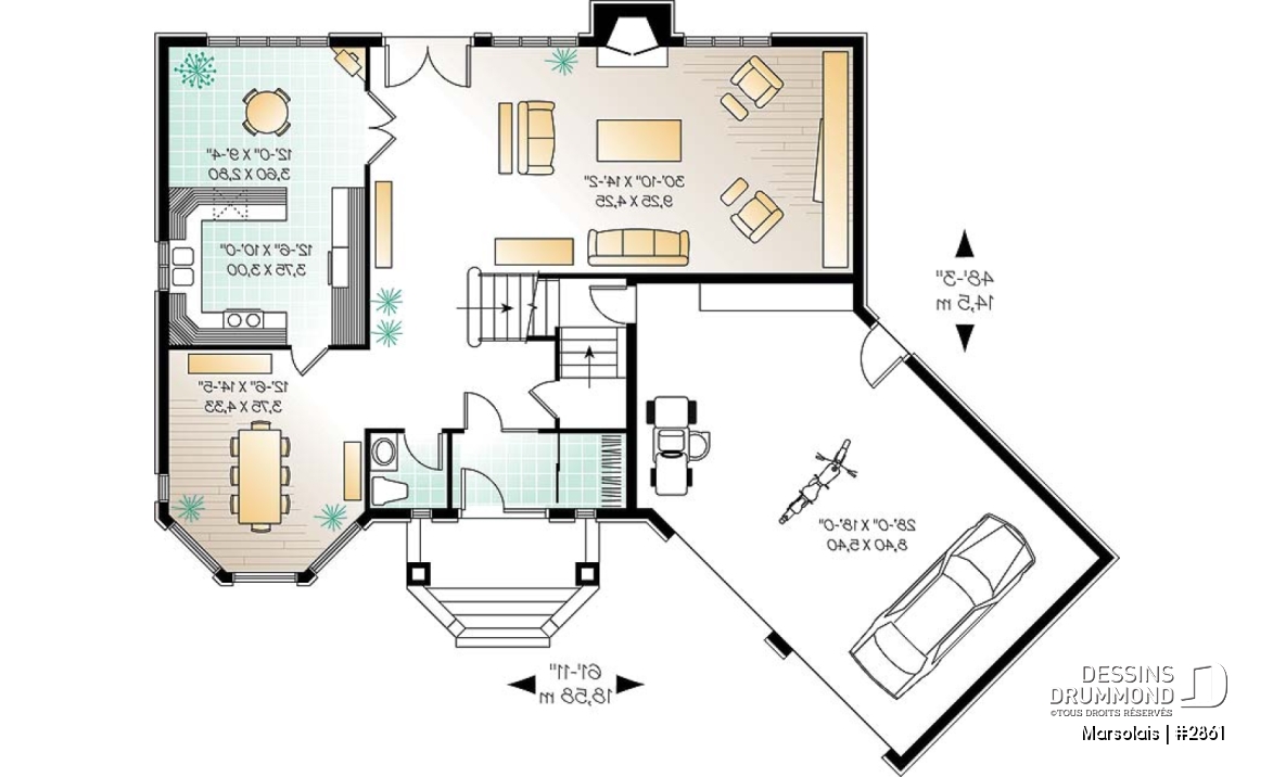 Rez-de-chaussée - Plan de maison 4 à 5 chambres, garage double, coin dînette, salle de jeux et buanderie à l'étage - Marsolais