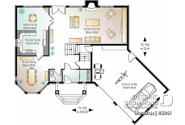 Rez-de-chaussée - Plan de maison 4 à 5 chambres, garage double, coin dînette, salle de jeux et buanderie à l'étage - Marsolais