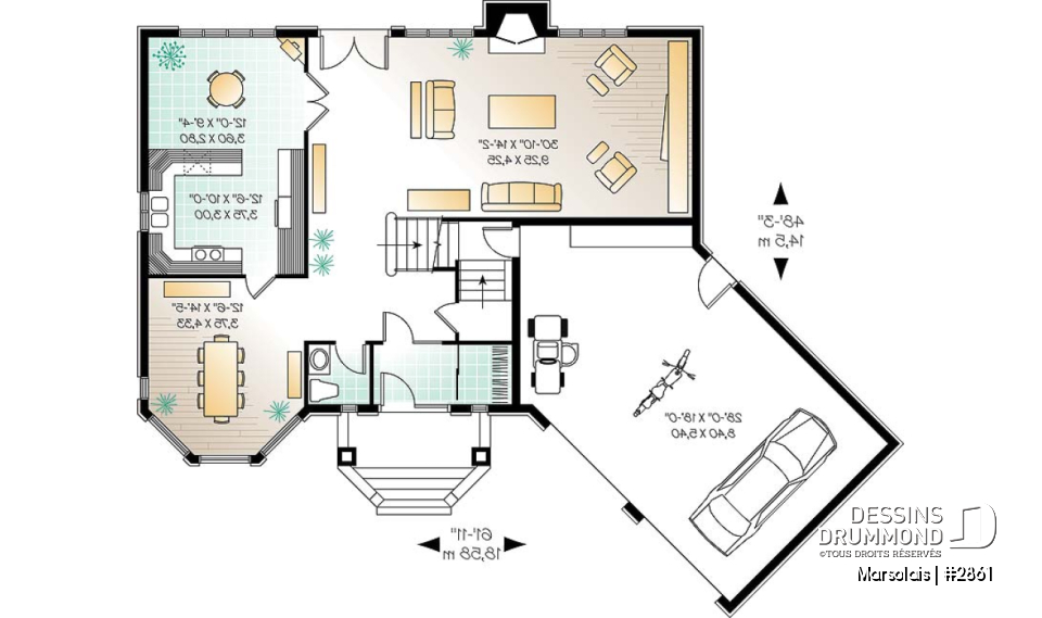 Rez-de-chaussée - Plan de maison 4 à 5 chambres, garage double, coin dînette, salle de jeux et buanderie à l'étage - Marsolais