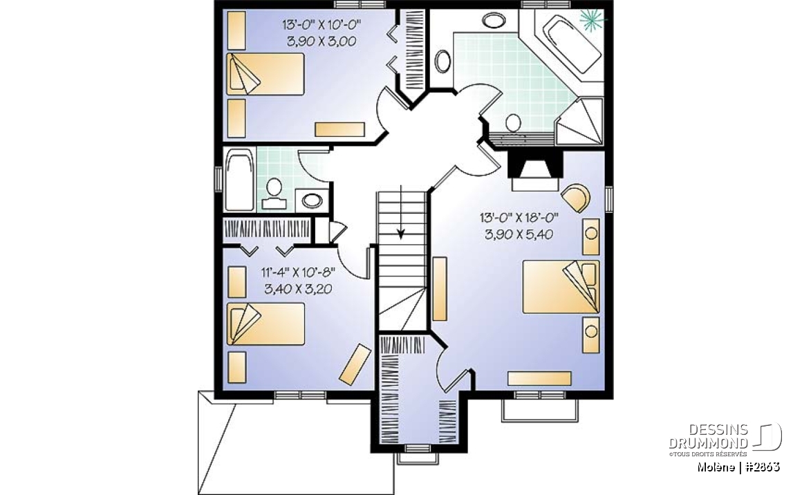 Étage - Plan de maison à étage, 3 chambres, garage, 2.5 salles de bain, vestibule, chambre parents avec foyer - Molène