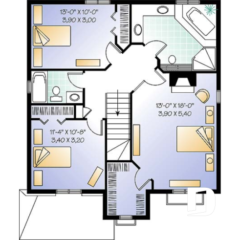 Étage - Plan de maison à étage, 3 chambres, garage, 2.5 salles de bain, vestibule, chambre parents avec foyer - Molène
