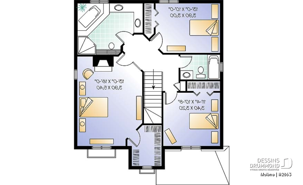 Étage - Plan de maison à étage, 3 chambres, garage, 2.5 salles de bain, vestibule, chambre parents avec foyer - Molène