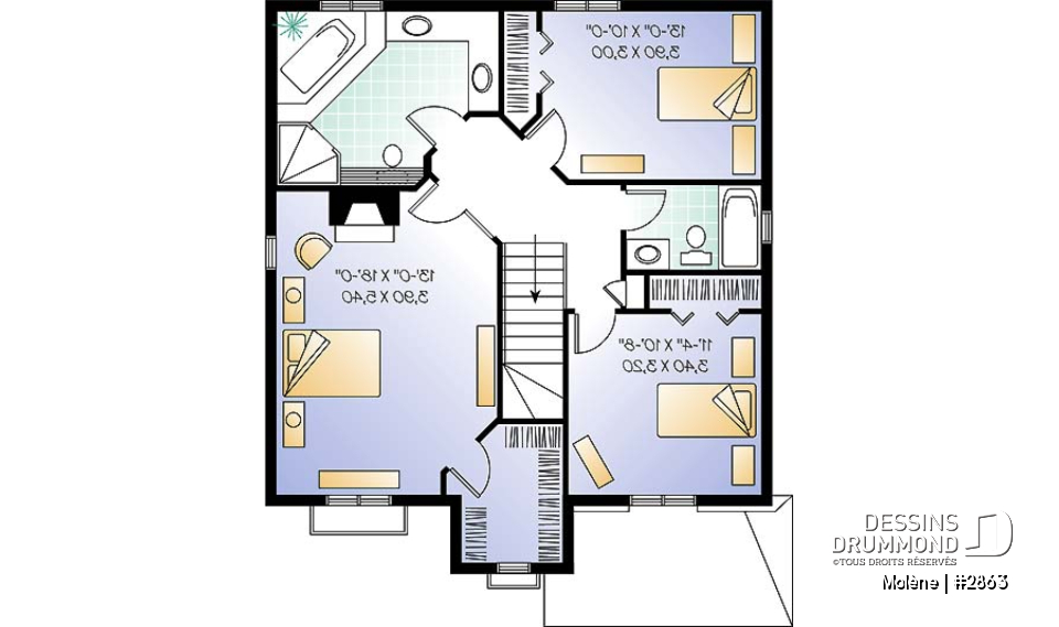 Étage - Plan de maison à étage, 3 chambres, garage, 2.5 salles de bain, vestibule, chambre parents avec foyer - Molène