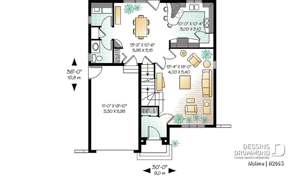 Rez-de-chaussée - Plan de maison à étage, 3 chambres, garage, 2.5 salles de bain, vestibule, chambre parents avec foyer - Molène