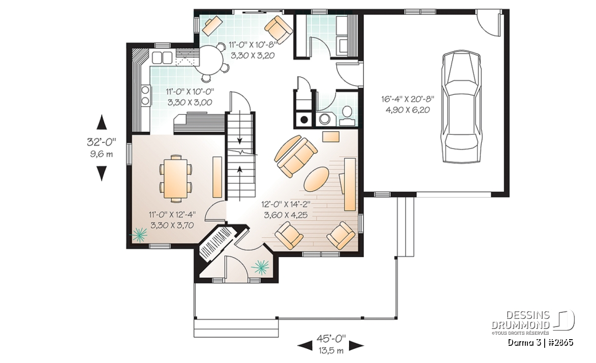 Rez-de-chaussée - Plan de maison de campagne, 3 chambres, grand garage, coin déjeuner remarquable, buanderie au r-d-c - Darma 3