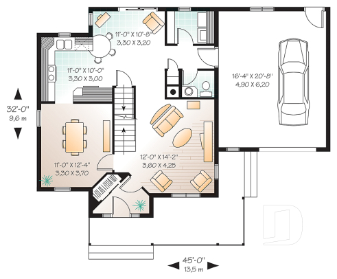 Rez-de-chaussée - Plan de maison de campagne, 3 chambres, grand garage, coin déjeuner remarquable, buanderie au r-d-c - Darma 3