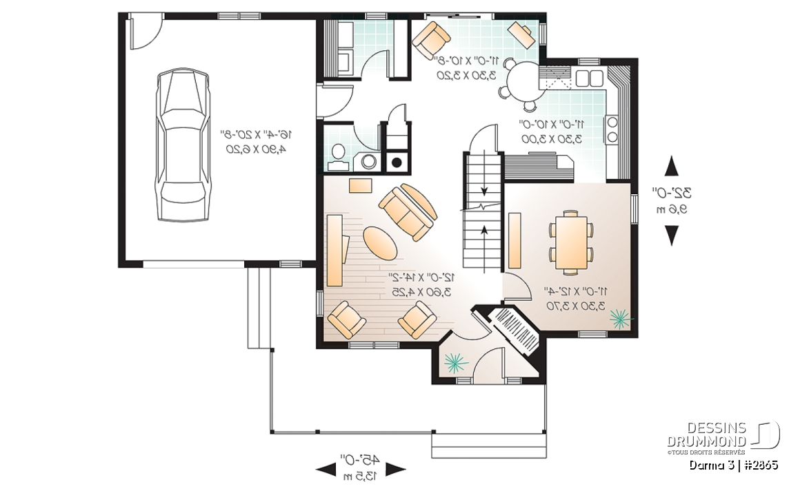 Rez-de-chaussée - Plan de maison de campagne, 3 chambres, grand garage, coin déjeuner remarquable, buanderie au r-d-c - Darma 3