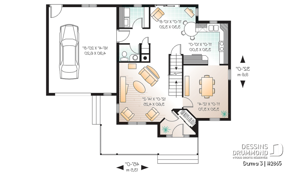 Rez-de-chaussée - Plan de maison de campagne, 3 chambres, grand garage, coin déjeuner remarquable, buanderie au r-d-c - Darma 3