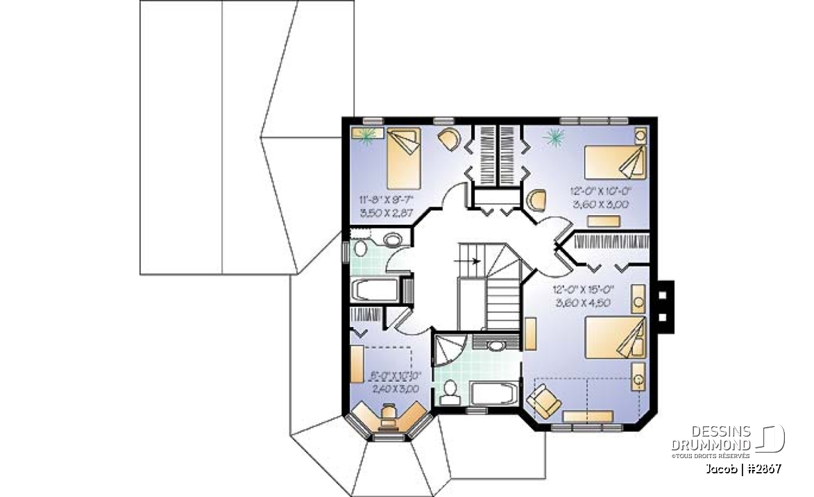 Étage - Plan maison style victorien, 3 chambres, 2 bureaux, coin déjeuner, foyer au séjour, vestiaire, garage - Jacob