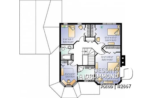 Étage - Plan maison style victorien, 3 chambres, 2 bureaux, coin déjeuner, foyer au séjour, vestiaire, garage - Jacob