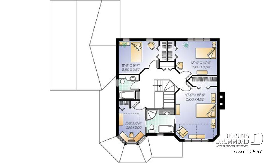 Étage - Plan maison style victorien, 3 chambres, 2 bureaux, coin déjeuner, foyer au séjour, vestiaire, garage - Jacob