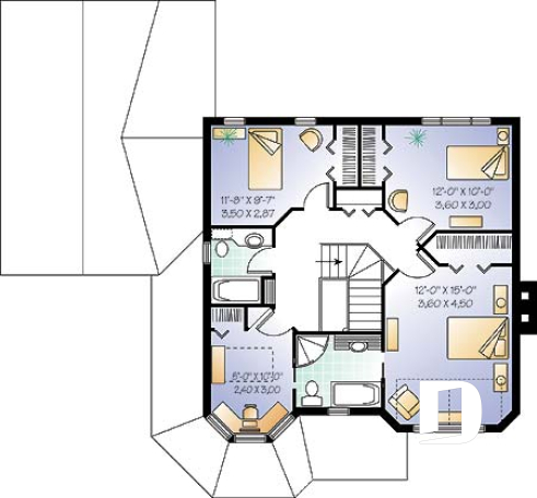 Étage - Plan maison style victorien, 3 chambres, 2 bureaux, coin déjeuner, foyer au séjour, vestiaire, garage - Jacob