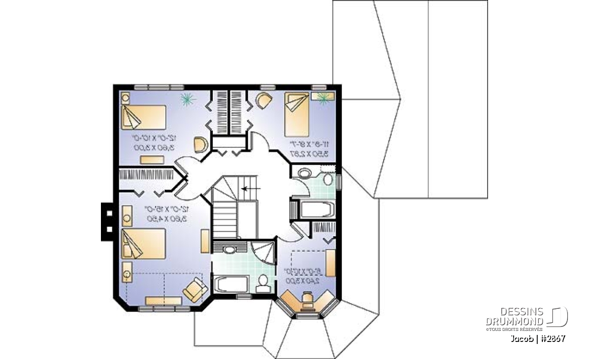 Étage - Plan maison style victorien, 3 chambres, 2 bureaux, coin déjeuner, foyer au séjour, vestiaire, garage - Jacob