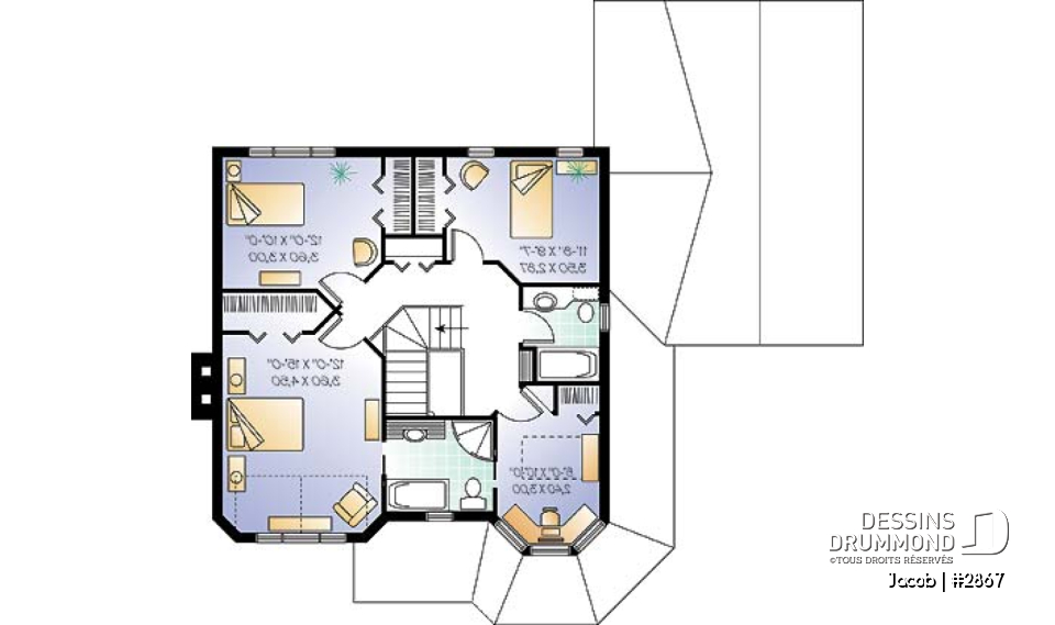 Étage - Plan maison style victorien, 3 chambres, 2 bureaux, coin déjeuner, foyer au séjour, vestiaire, garage - Jacob