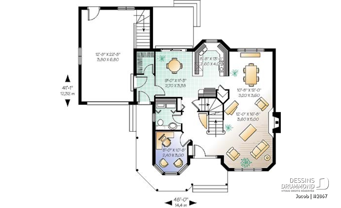 Rez-de-chaussée - Plan maison style victorien, 3 chambres, 2 bureaux, coin déjeuner, foyer au séjour, vestiaire, garage - Jacob