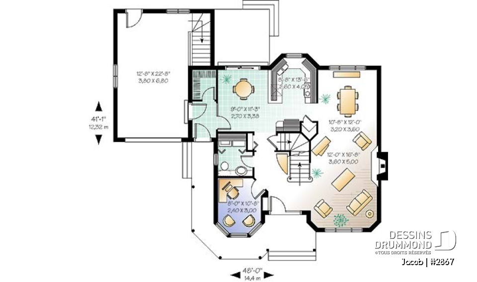 Rez-de-chaussée - Plan maison style victorien, 3 chambres, 2 bureaux, coin déjeuner, foyer au séjour, vestiaire, garage - Jacob