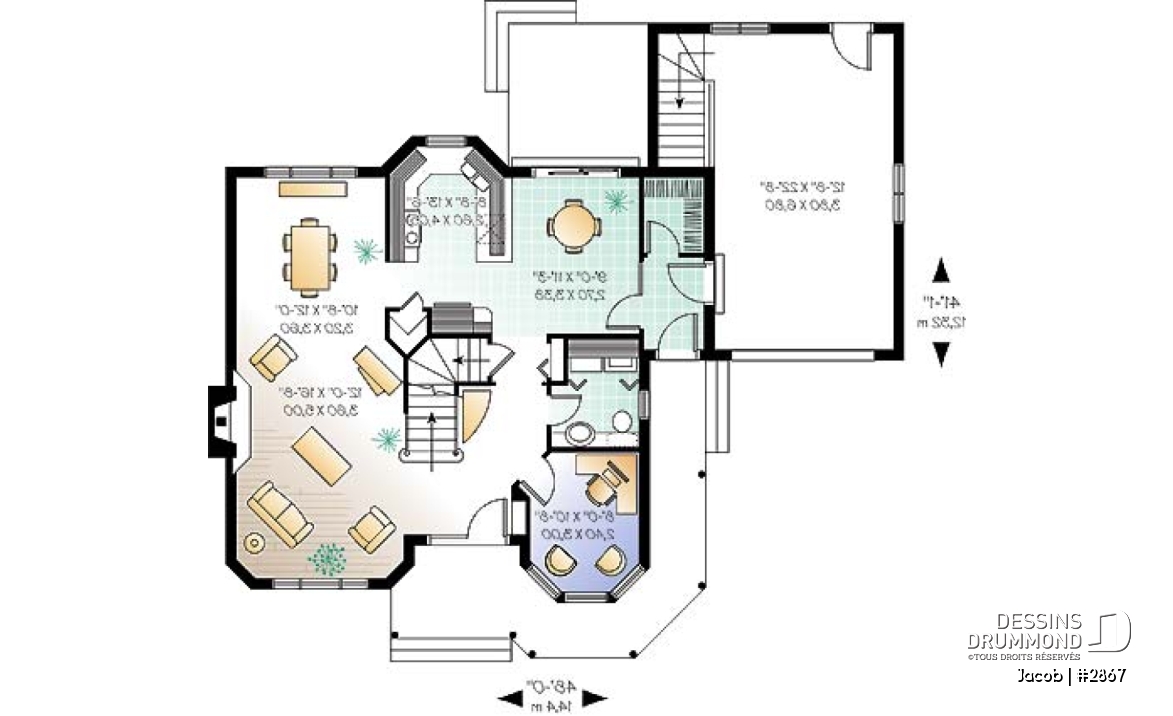 Rez-de-chaussée - Plan maison style victorien, 3 chambres, 2 bureaux, coin déjeuner, foyer au séjour, vestiaire, garage - Jacob