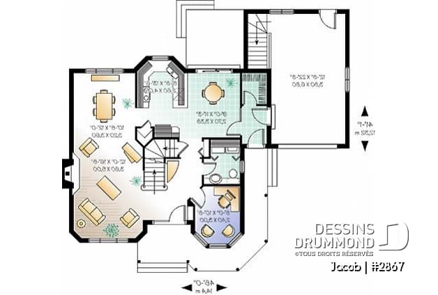 Rez-de-chaussée - Plan maison style victorien, 3 chambres, 2 bureaux, coin déjeuner, foyer au séjour, vestiaire, garage - Jacob