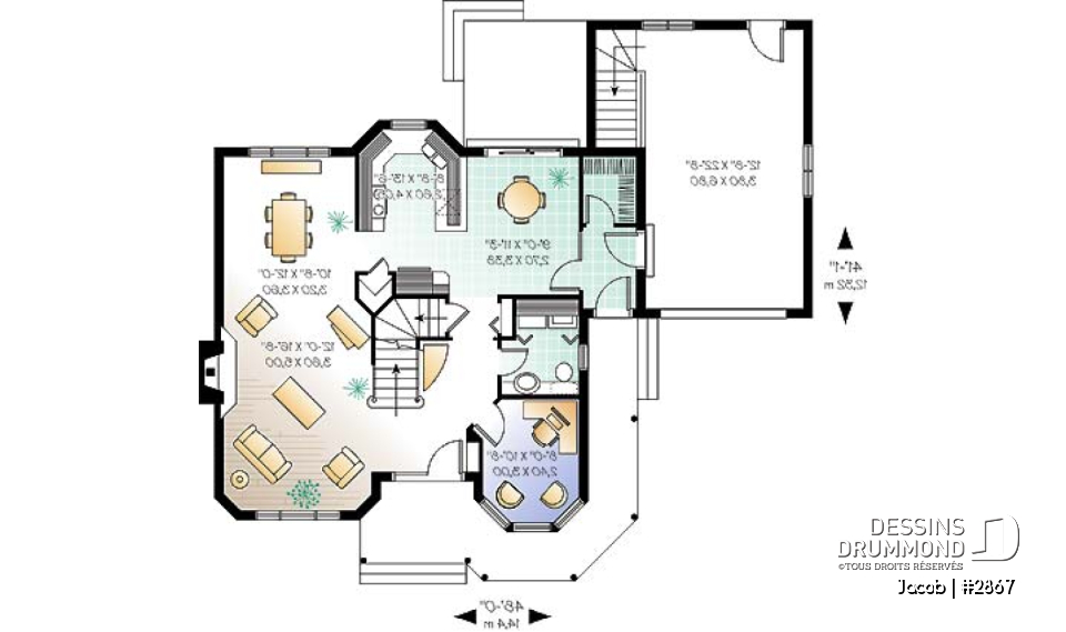 Rez-de-chaussée - Plan maison style victorien, 3 chambres, 2 bureaux, coin déjeuner, foyer au séjour, vestiaire, garage - Jacob
