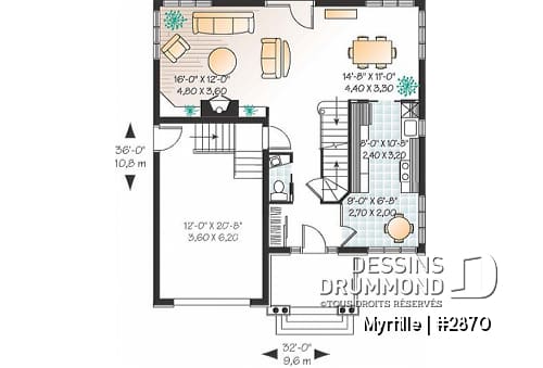 Rez-de-chaussée - Maison 2 étages pour terrain étroit avec garage, 3 chambres, coin déjeuner - Myrtille