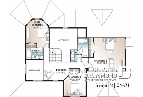 Étage - Plan de cottage 4 chambres avec suite des maîtres au r-d-c, grande cuisine avec coin déjeuner, 2 salons - Tristan 2