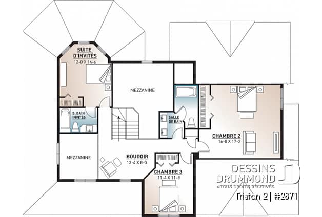 Étage - Plan de cottage 4 chambres avec suite des maîtres au r-d-c, grande cuisine avec coin déjeuner, 2 salons - Tristan 2