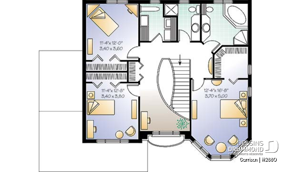 Étage - Plan de maison avec 2 salles familiales, 3 chambres, grand walk-in aux maîtres, garage double - Garrison