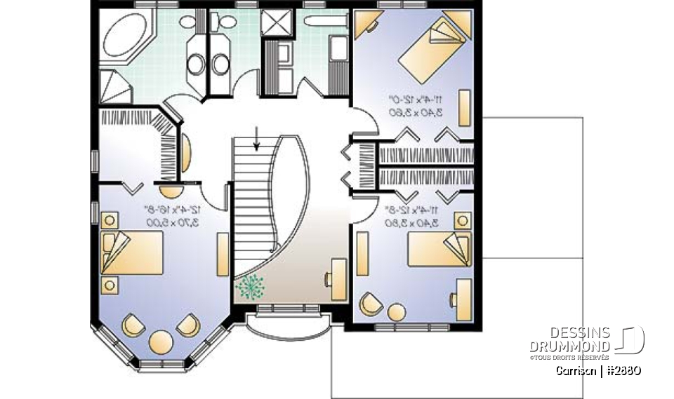 Étage - Plan de maison avec 2 salles familiales, 3 chambres, grand walk-in aux maîtres, garage double - Garrison