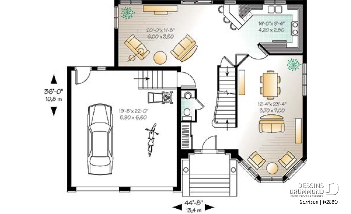 Rez-de-chaussée - Plan de maison avec 2 salles familiales, 3 chambres, grand walk-in aux maîtres, garage double - Garrison