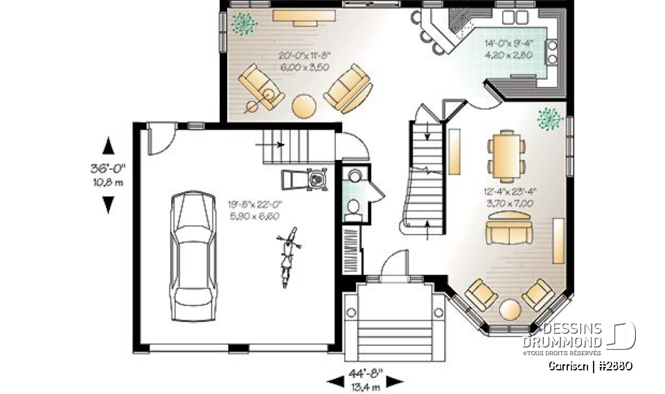 Rez-de-chaussée - Plan de maison avec 2 salles familiales, 3 chambres, grand walk-in aux maîtres, garage double - Garrison
