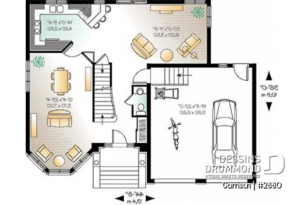 Rez-de-chaussée - Plan de maison avec 2 salles familiales, 3 chambres, grand walk-in aux maîtres, garage double - Garrison