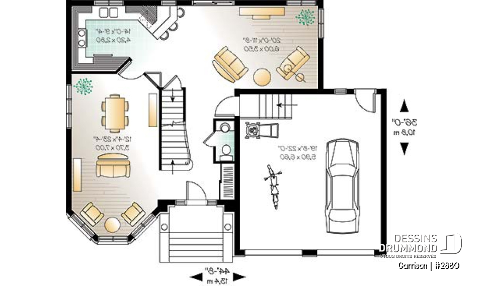 Rez-de-chaussée - Plan de maison avec 2 salles familiales, 3 chambres, grand walk-in aux maîtres, garage double - Garrison
