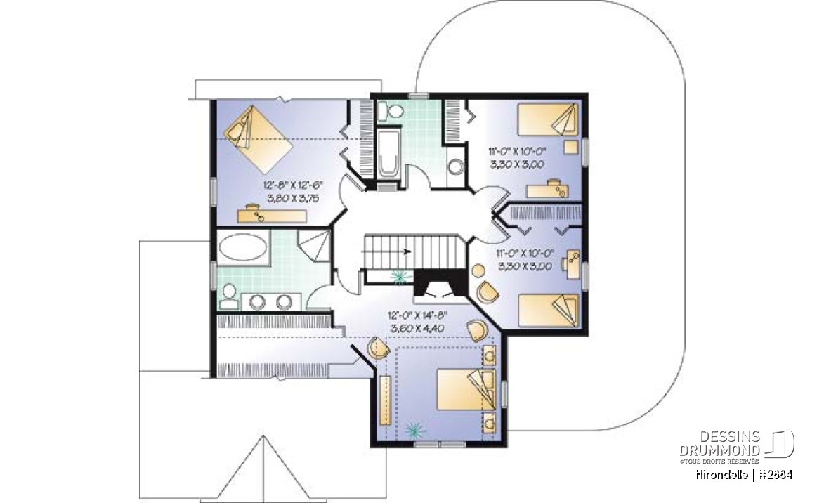 Étage - Plan de maison 4 chambres, 2.5 salles de bain, garage double de côté, solarium, foyer - Hirondelle
