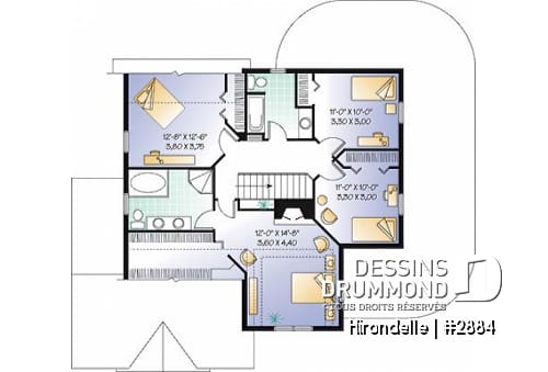 Étage - Plan de maison 4 chambres, 2.5 salles de bain, garage double de côté, solarium, foyer - Hirondelle