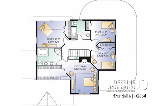 Étage - Plan de maison 4 chambres, 2.5 salles de bain, garage double de côté, solarium, foyer - Hirondelle