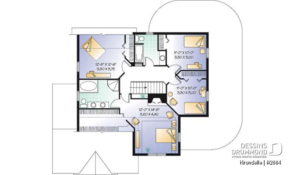 Étage - Plan de maison 4 chambres, 2.5 salles de bain, garage double de côté, solarium, foyer - Hirondelle