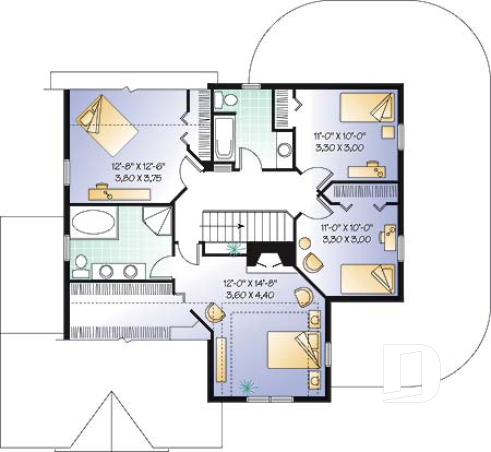 Étage - Plan de maison 4 chambres, 2.5 salles de bain, garage double de côté, solarium, foyer - Hirondelle