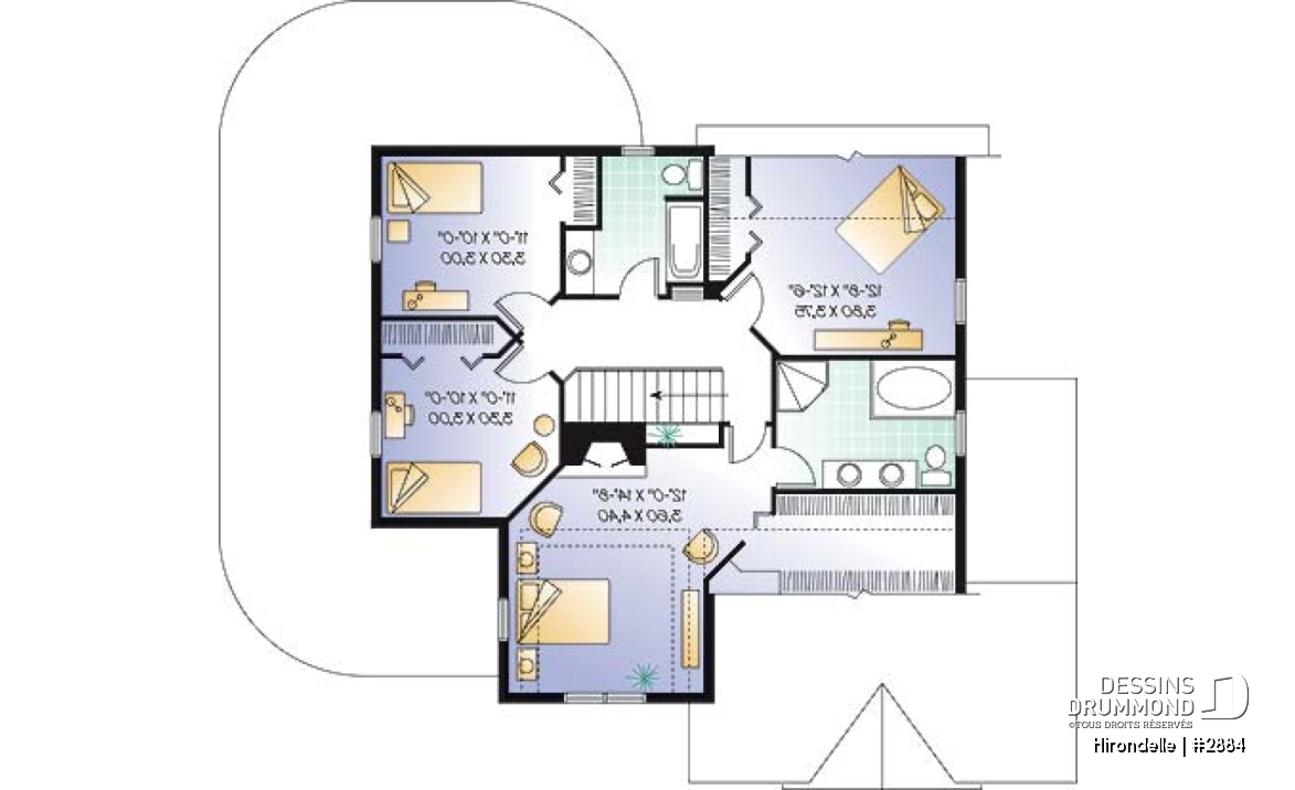 Étage - Plan de maison 4 chambres, 2.5 salles de bain, garage double de côté, solarium, foyer - Hirondelle