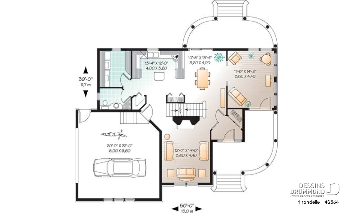 Rez-de-chaussée - Plan de maison 4 chambres, 2.5 salles de bain, garage double de côté, solarium, foyer - Hirondelle