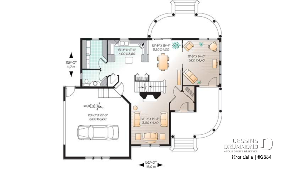 Rez-de-chaussée - Plan de maison 4 chambres, 2.5 salles de bain, garage double de côté, solarium, foyer - Hirondelle