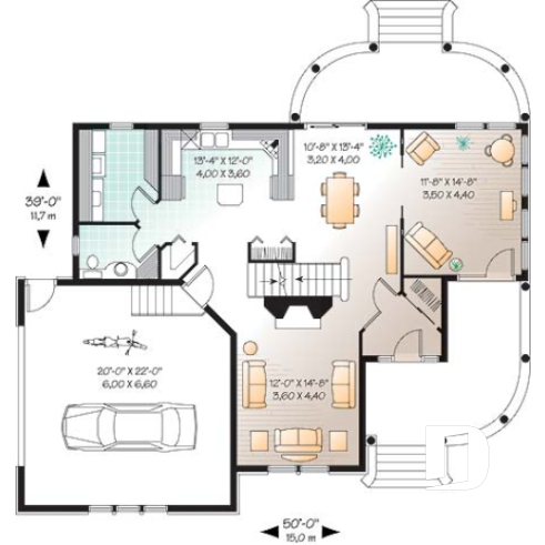 Rez-de-chaussée - Plan de maison 4 chambres, 2.5 salles de bain, garage double de côté, solarium, foyer - Hirondelle