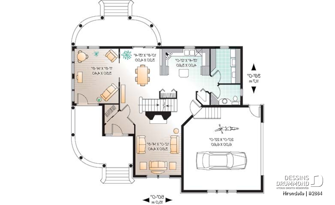Rez-de-chaussée - Plan de maison 4 chambres, 2.5 salles de bain, garage double de côté, solarium, foyer - Hirondelle