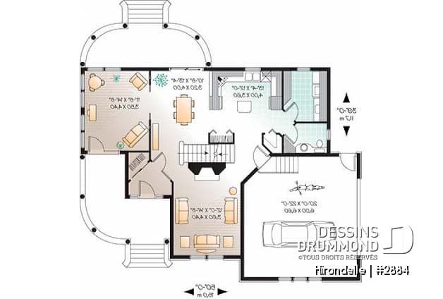 Rez-de-chaussée - Plan de maison 4 chambres, 2.5 salles de bain, garage double de côté, solarium, foyer - Hirondelle